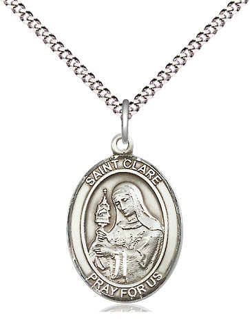 Sterling Silver Saint Clare of Assisi Pendant on a 18 inch Light Rhodium Light Curb chain