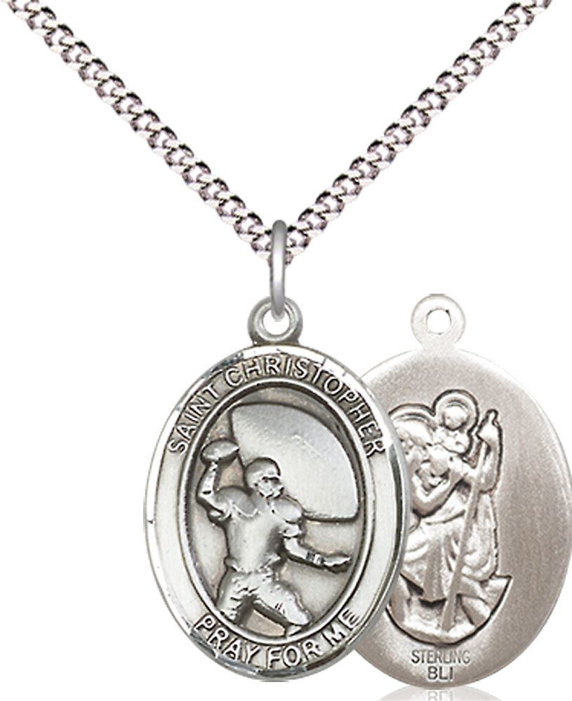 Sterling Silver Saint Christpher Football Pendant on a 18 inch Light Rhodium Light Curb chain