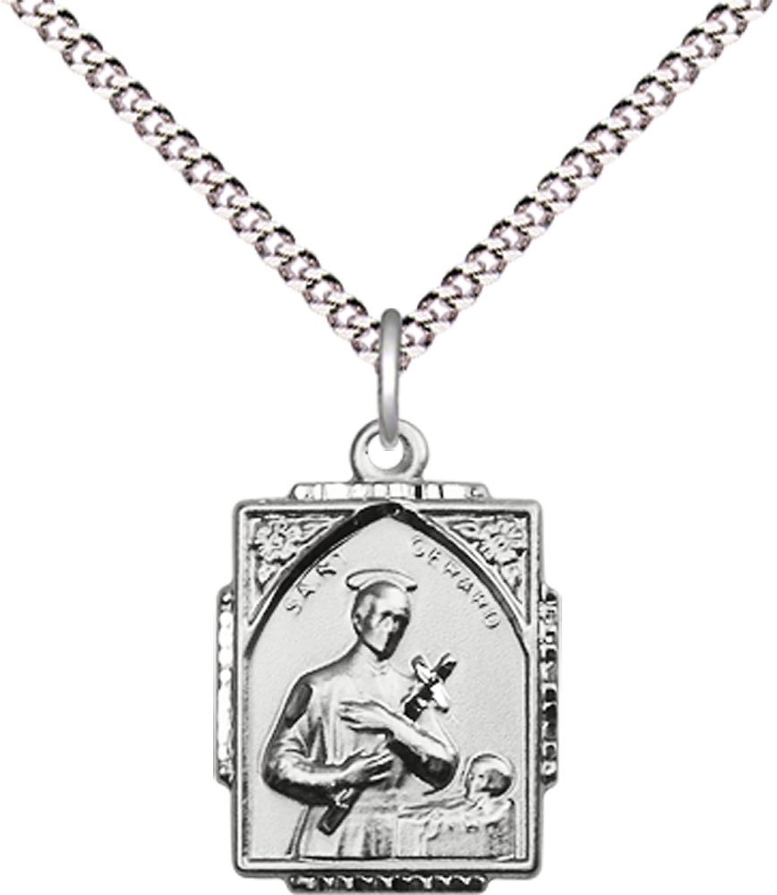 Sterling Silver Saint Gerard Pendant on a 18 inch Light Rhodium Light Curb chain