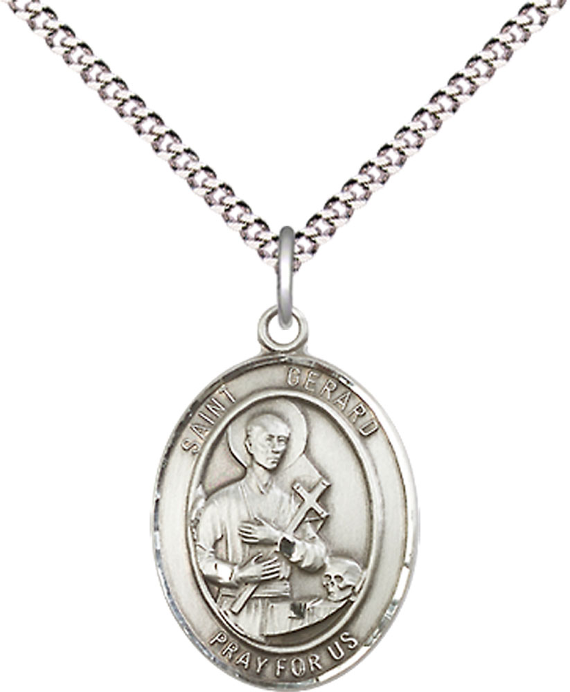 Sterling Silver Saint Gerard Majella Pendant on a 18 inch Light Rhodium Light Curb chain