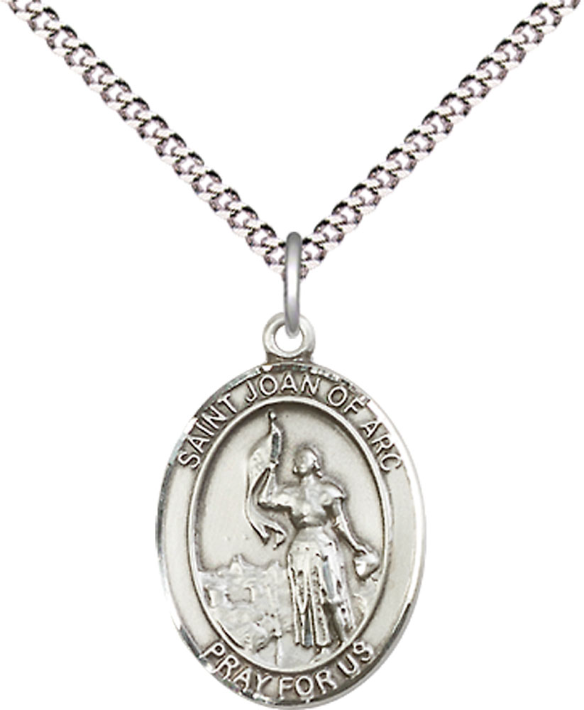 Sterling Silver Saint Joan of Arc Pendant on a 18 inch Light Rhodium Light Curb chain