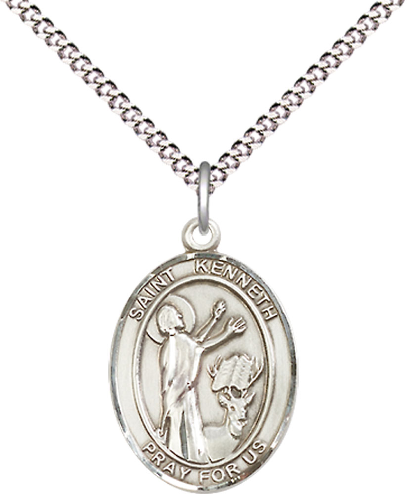 Sterling Silver Saint Kenneth Pendant on a 18 inch Light Rhodium Light Curb chain