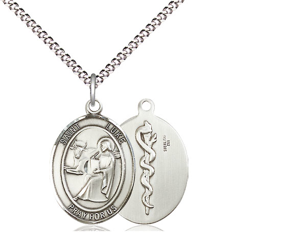 Sterling Silver Saint Luke the Apostle Doctor Pendant on a 18 inch Light Rhodium Light Curb chain