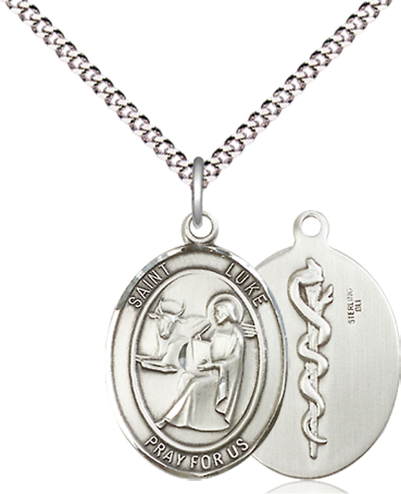Sterling Silver Saint Luke the Apostle Doctor Pendant on a 18 inch Light Rhodium Light Curb chain