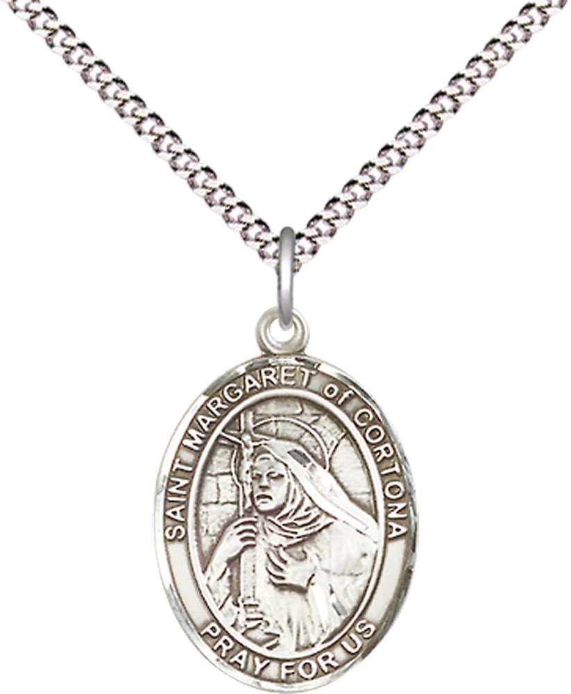 Sterling Silver Saint Margaret of Cortona Pendant on a 18 inch Light Rhodium Light Curb chain