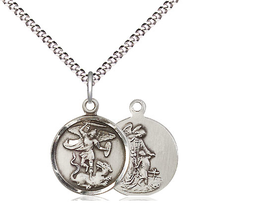 Sterling Silver Saint Michael the Archangel Pendant on a 18 inch Light Rhodium Light Curb chain