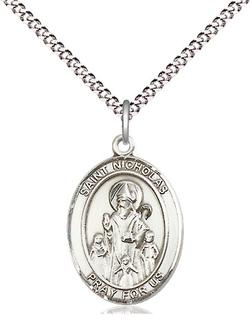Sterling Silver Saint Nicholas Pendant on a 18 inch Light Rhodium Light Curb chain