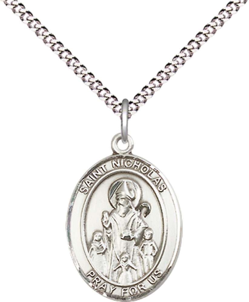 Sterling Silver Saint Nicholas Pendant on a 18 inch Light Rhodium Light Curb chain