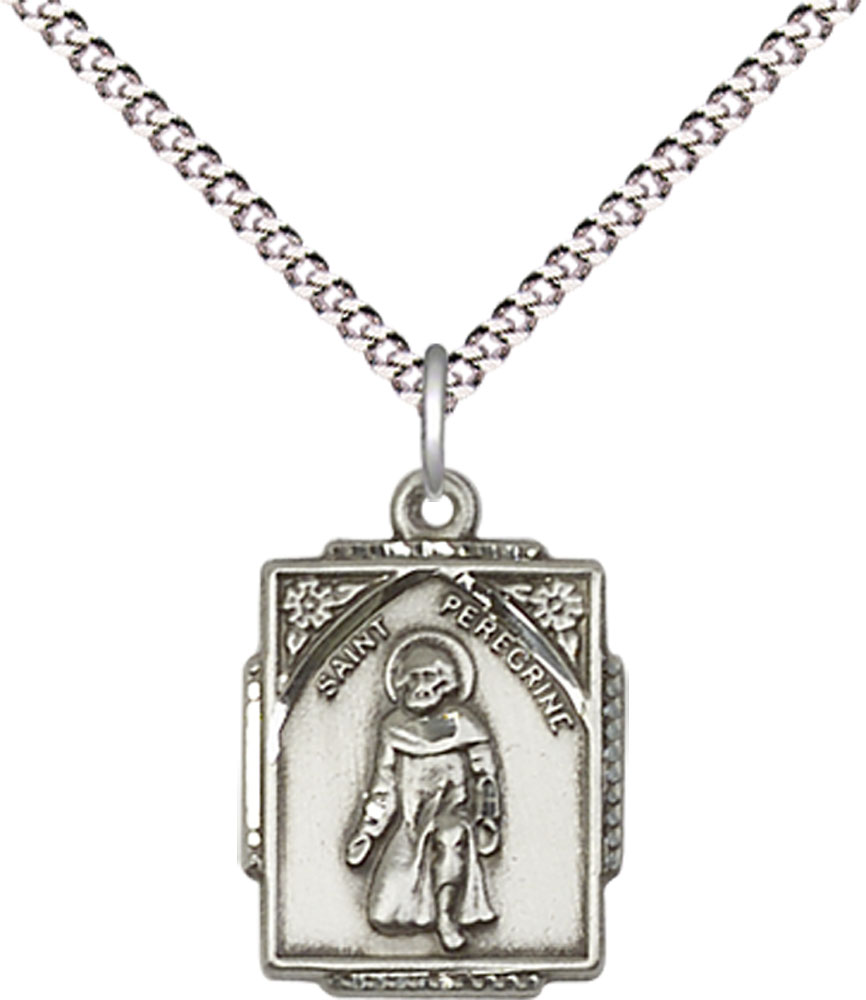 Sterling Silver Saint Peregrine Pendant on a 18 inch Light Rhodium Light Curb chain