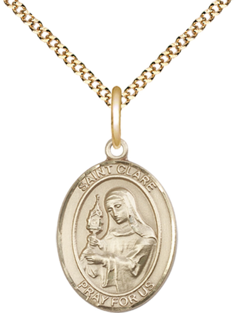 14kt Gold Filled Saint Clare of Assisi Pendant on a 18 inch Gold Plate Light Curb chain