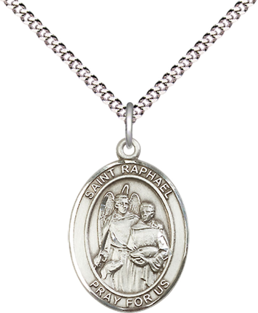 Sterling Silver Saint Raphael the Archangel Pendant on a 18 inch Light Rhodium Light Curb chain