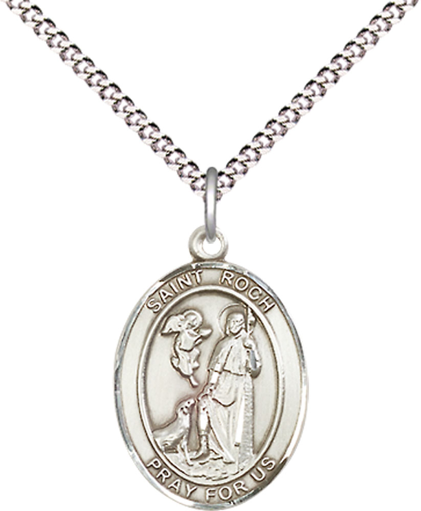 Sterling Silver Saint Roch Pendant on a 18 inch Light Rhodium Light Curb chain