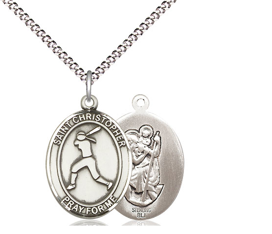 Sterling Silver Saint Christopher Softball Pendant on a 18 inch Light Rhodium Light Curb chain