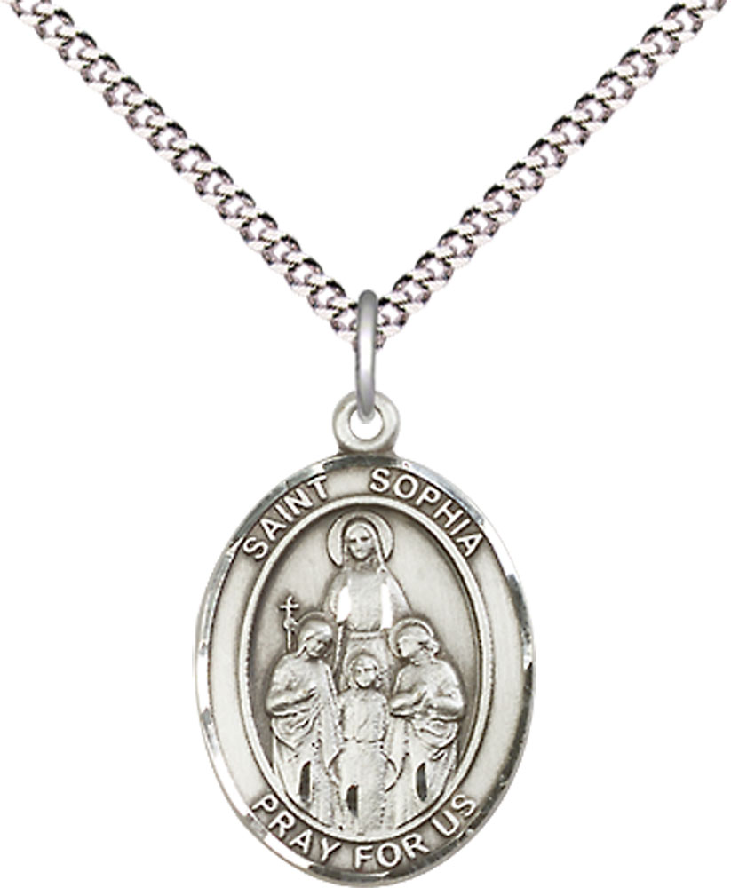 Sterling Silver Saint Sophia Pendant on a 18 inch Light Rhodium Light Curb chain