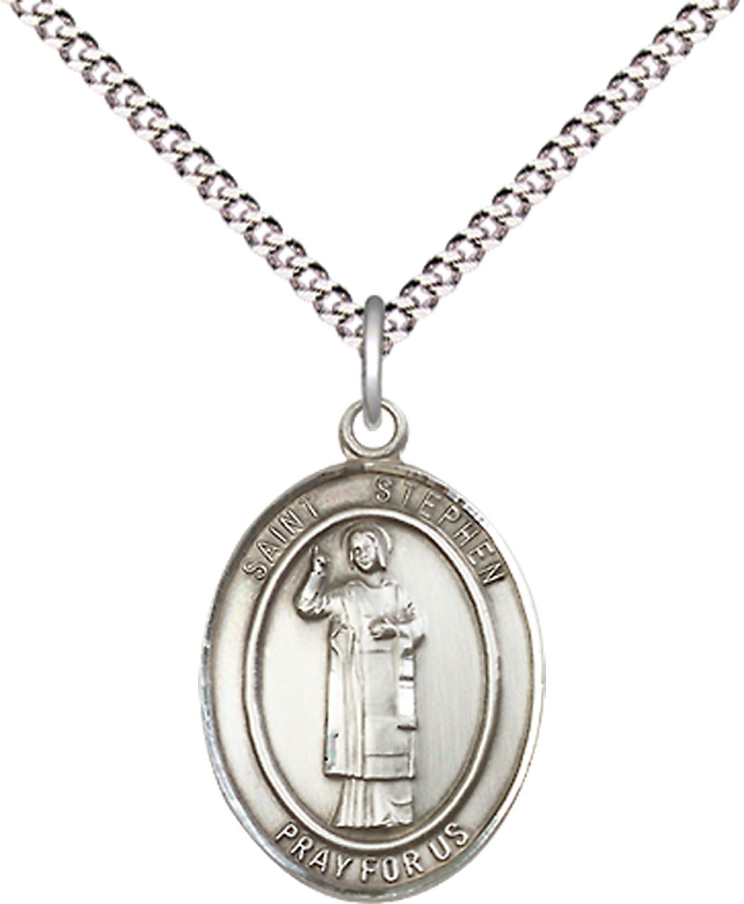 Sterling Silver Saint Stephen the Martyr Pendant on a 18 inch Light Rhodium Light Curb chain
