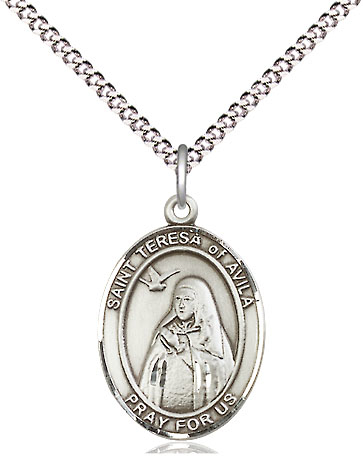 Sterling Silver Saint Teresa of Avila Pendant on a 18 inch Light Rhodium Light Curb chain