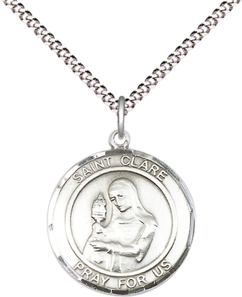 Sterling Silver Saint Clare of Assisi Pendant on a 18 inch Light Rhodium Light Curb chain