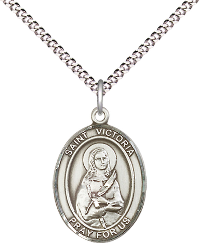 Sterling Silver Saint Victoria Pendant on a 18 inch Light Rhodium Light Curb chain