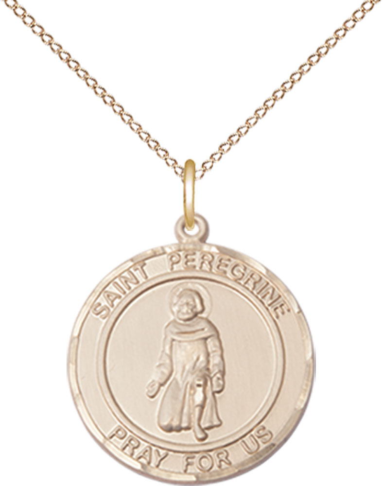 14kt Gold Filled Saint Peregrine Pendant on a 18 inch Gold Filled Light Curb chain