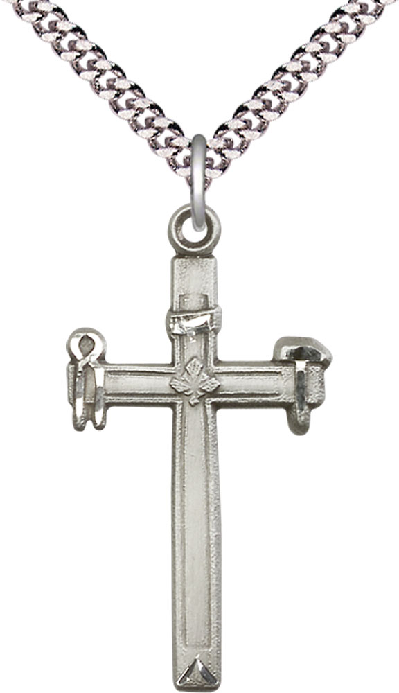 Sterling Silver Carpenter Cross Pendant on a 24 inch Light Rhodium Heavy Curb chain
