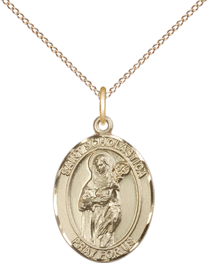 14kt Gold Filled Saint Scholastica Pendant on a 18 inch Gold Filled Light Curb chain