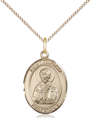 14kt Gold Filled Saint Timothy Pendant on a 18 inch Gold Filled Light Curb chain