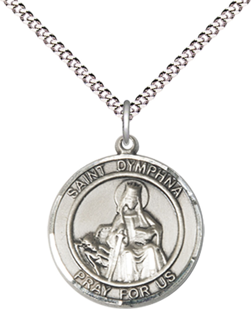Sterling Silver Saint Dymphna Pendant on a 18 inch Light Rhodium Light Curb chain