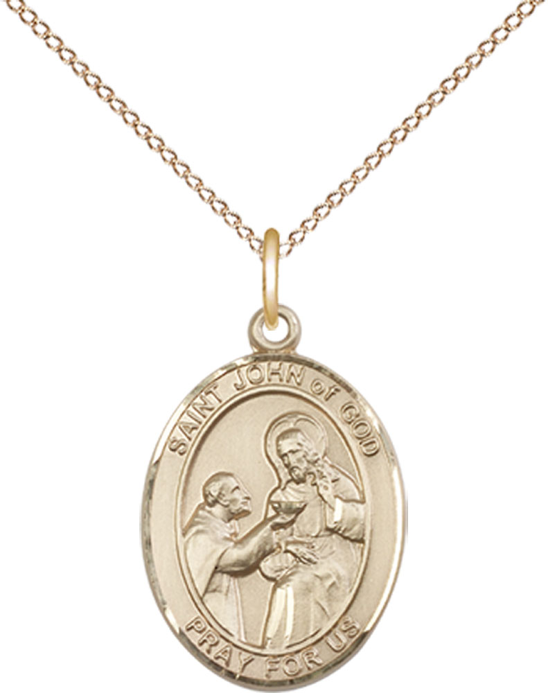 14kt Gold Filled Saint John of God Pendant on a 18 inch Gold Filled Light Curb chain