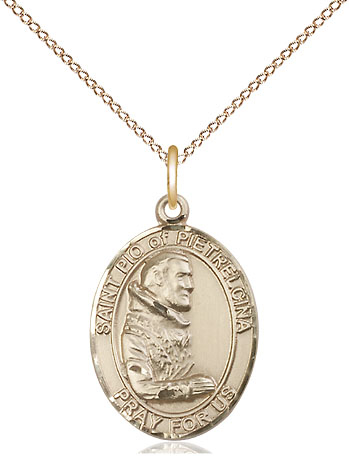 14kt Gold Filled Saint Pio of Pietrelcina Pendant on a 18 inch Gold Filled Light Curb chain