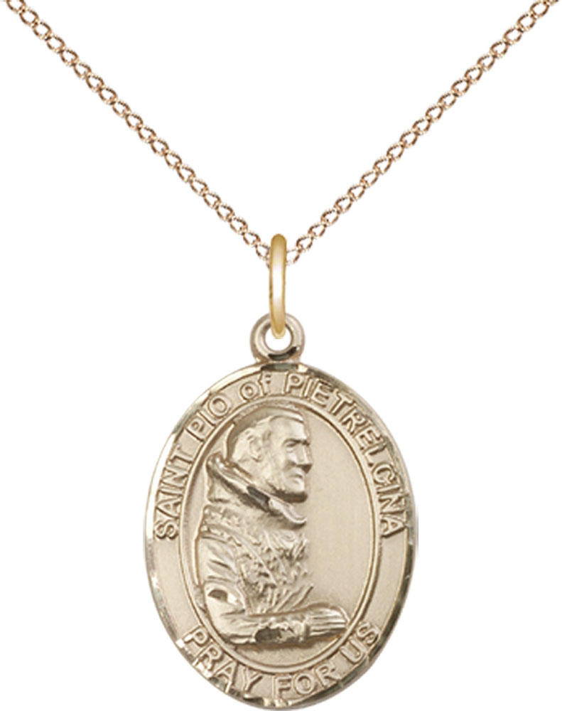 14kt Gold Filled Saint Pio of Pietrelcina Pendant on a 18 inch Gold Filled Light Curb chain