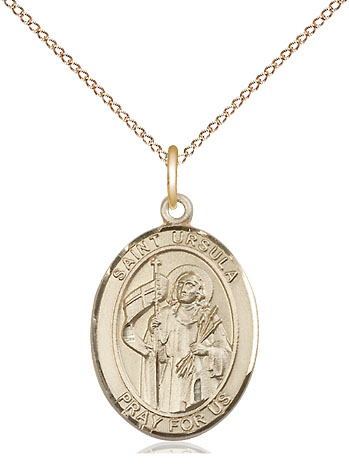 14kt Gold Filled Saint Ursula Pendant on a 18 inch Gold Filled Light Curb chain