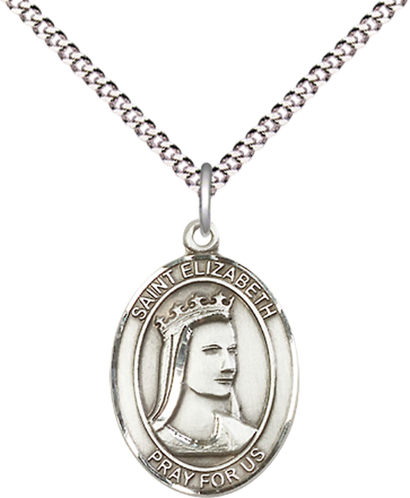 Sterling Silver Saint Elizabeth of Hungary Pendant on a 18 inch Light Rhodium Light Curb chain