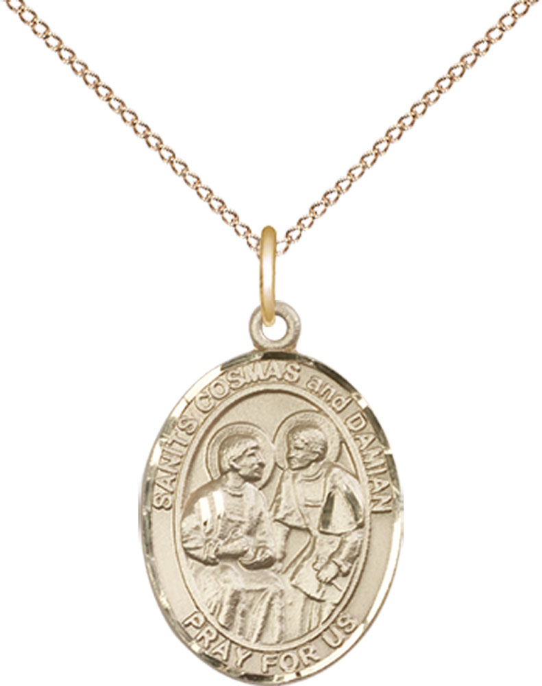 14kt Gold Filled Saints Cosmas &amp; Damian Pendant on a 18 inch Gold Filled Light Curb chain