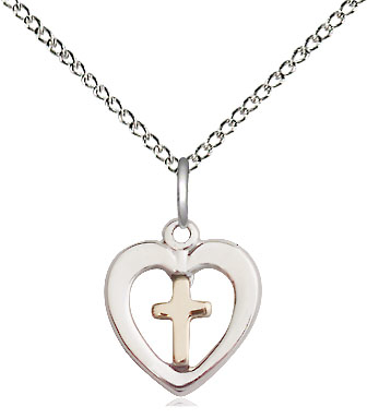 Two-Tone GF/SS Heart Cross Pendant on a 18 inch Sterling Silver Light Curb chain