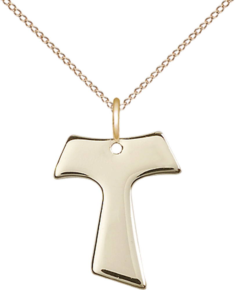 14kt Gold Filled Tau Cross Pendant on a 18 inch Gold Filled Light Curb chain