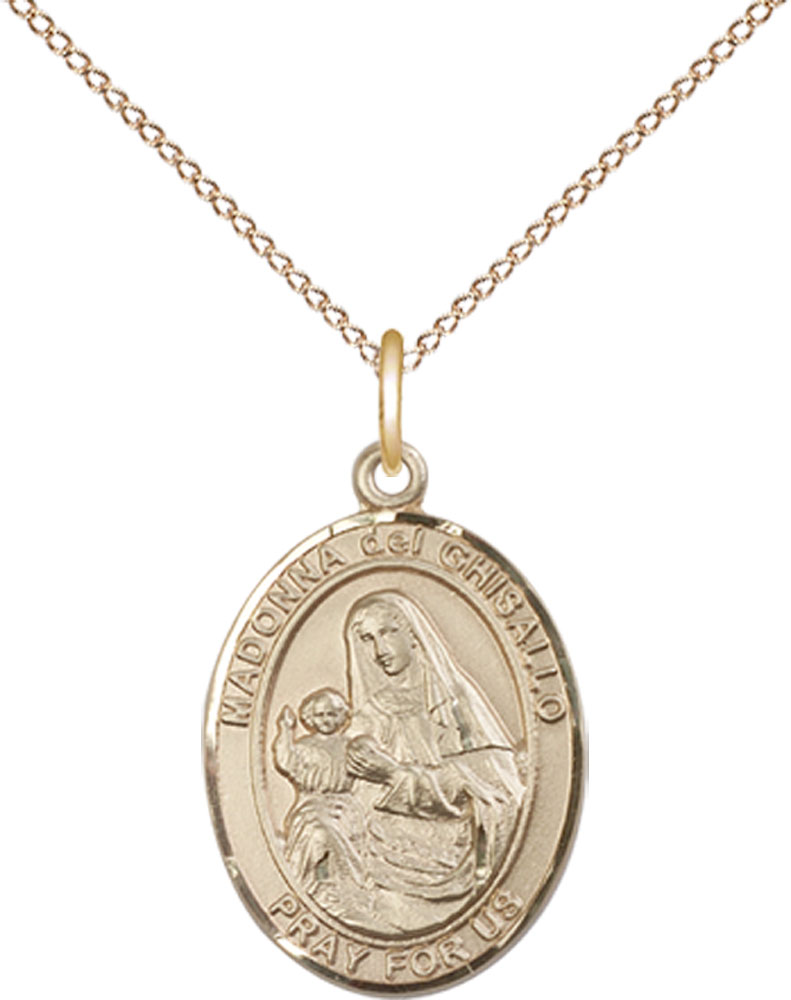 14kt Gold Filled Saint Madonna Del Ghisallo Pendant on a 18 inch Gold Filled Light Curb chain