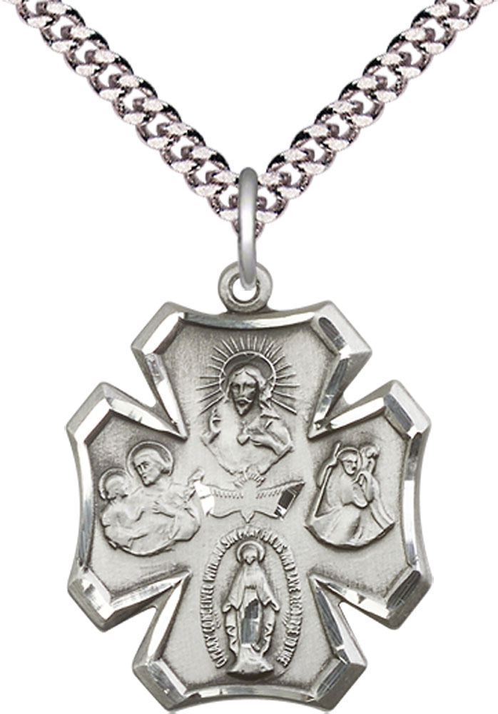 Sterling Silver 4-Way Pendant on a 24 inch Light Rhodium Heavy Curb chain