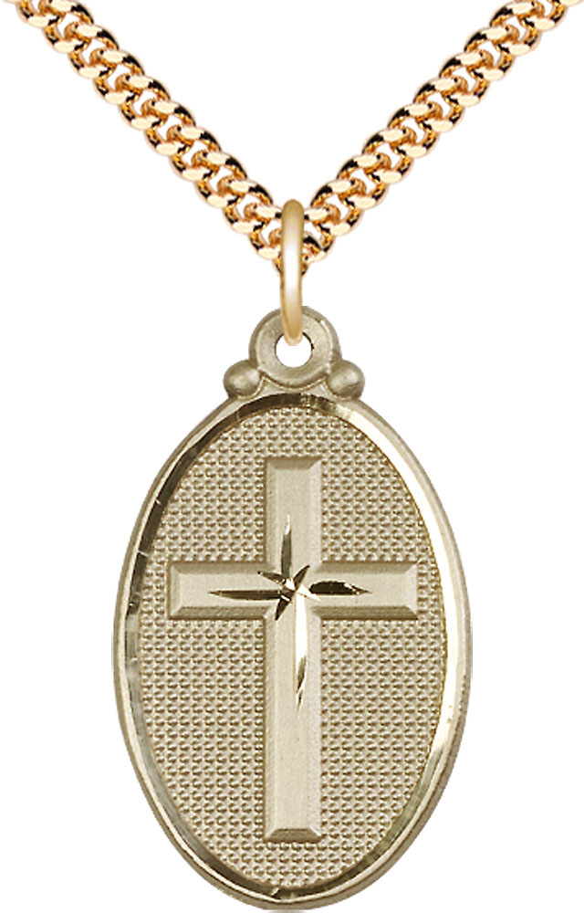 14kt Gold Filled Cross Pendant on a 24 inch Gold Plate Heavy Curb chain