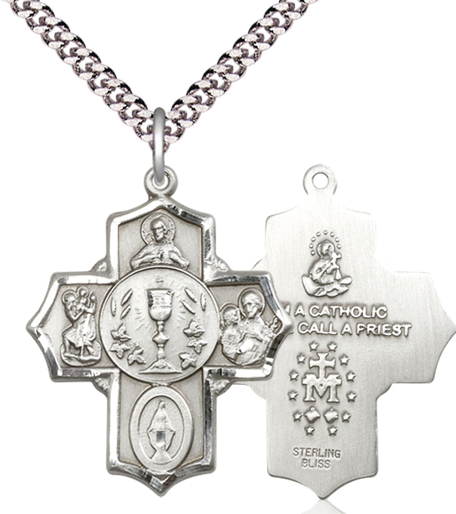 Sterling Silver 5-Way Pendant on a 24 inch Light Rhodium Heavy Curb chain