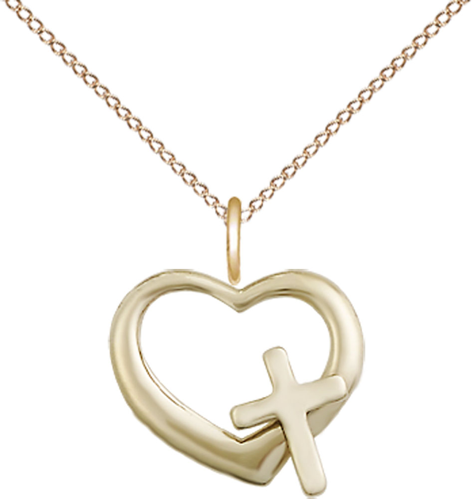 14kt Gold Filled Heart Cross Pendant on a 18 inch Gold Filled Light Curb chain