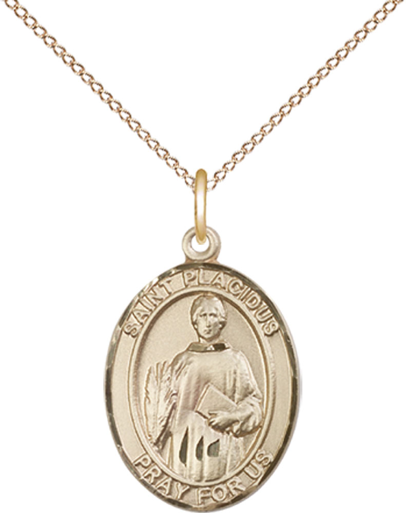 14kt Gold Filled Saint Placidus Pendant on a 18 inch Gold Filled Light Curb chain