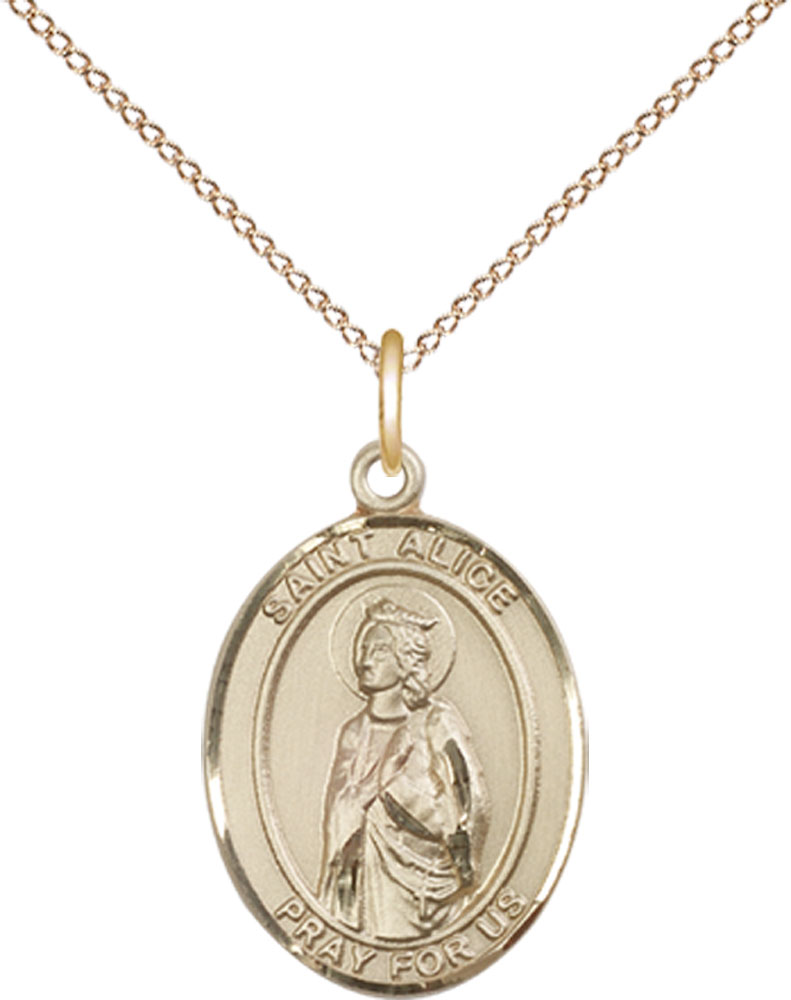 14kt Gold Filled Saint Alice Pendant on a 18 inch Gold Filled Light Curb chain