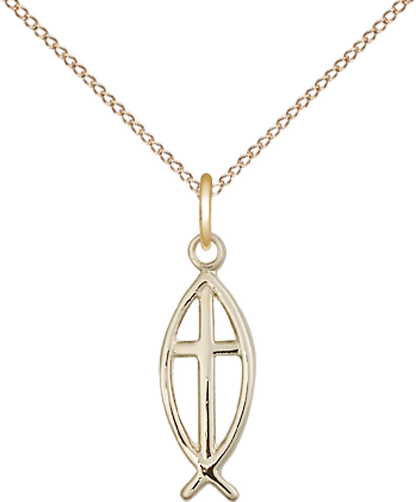 14kt Gold Filled Fish Cross Pendant on a 18 inch Gold Filled Light Curb chain