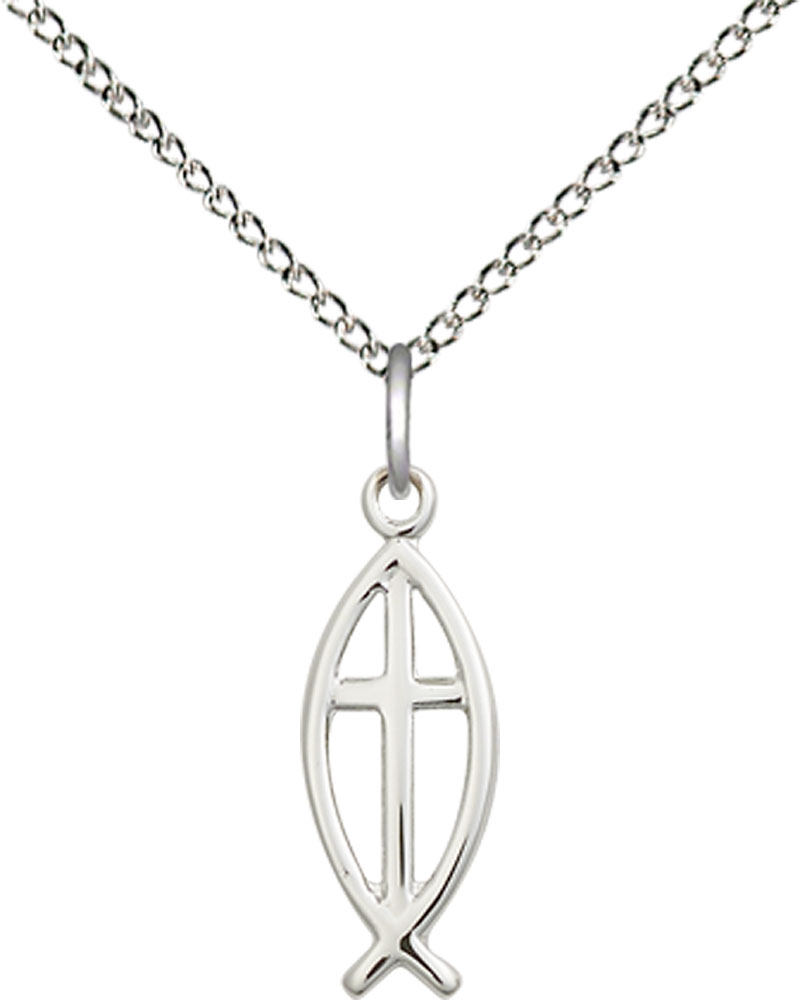 Sterling Silver Fish Cross Pendant on a 18 inch Sterling Silver Light Curb chain