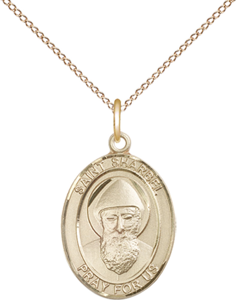 14kt Gold Filled Saint Sharbel Pendant on a 18 inch Gold Filled Light Curb chain