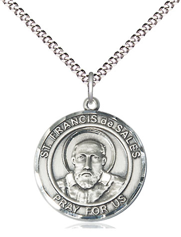 Sterling Silver Saint Francis de Sales Pendant on a 18 inch Light Rhodium Light Curb chain