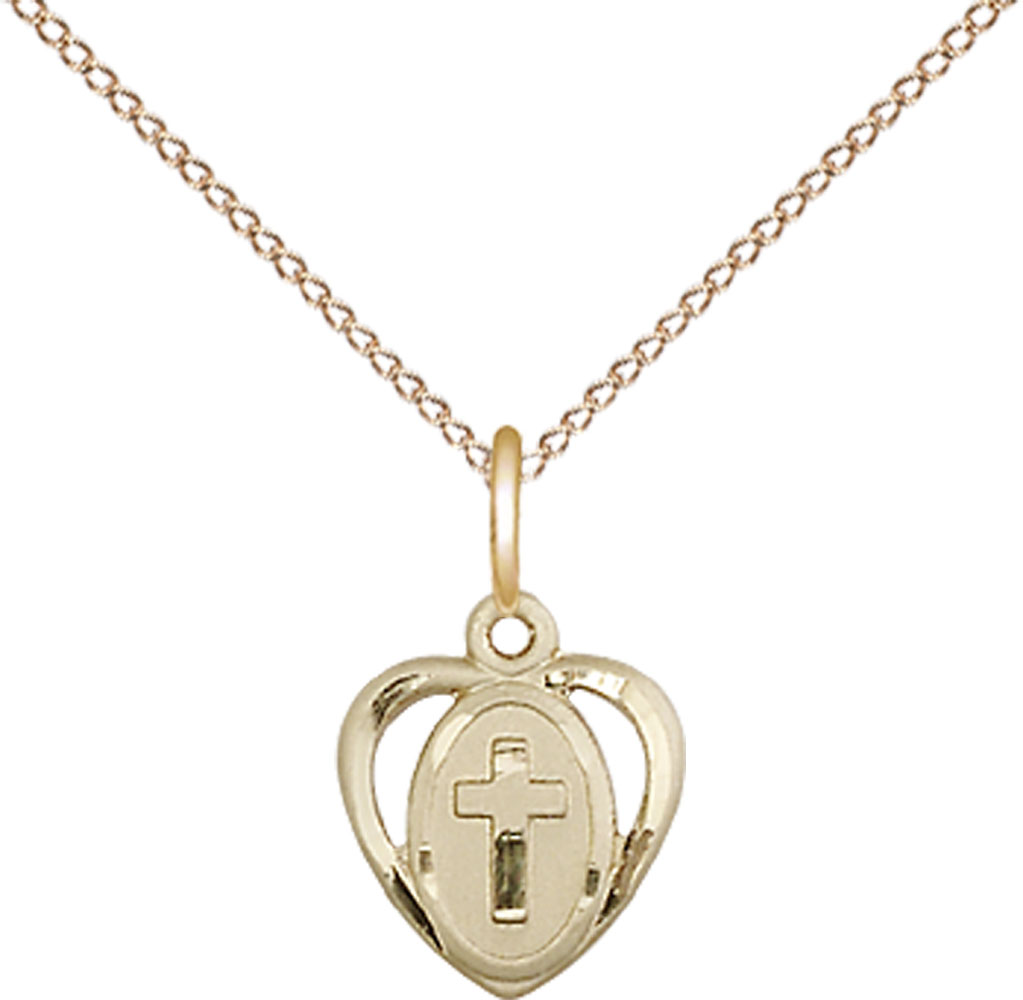14kt Gold Filled Heart Cross Pendant on a 18 inch Gold Filled Light Curb chain