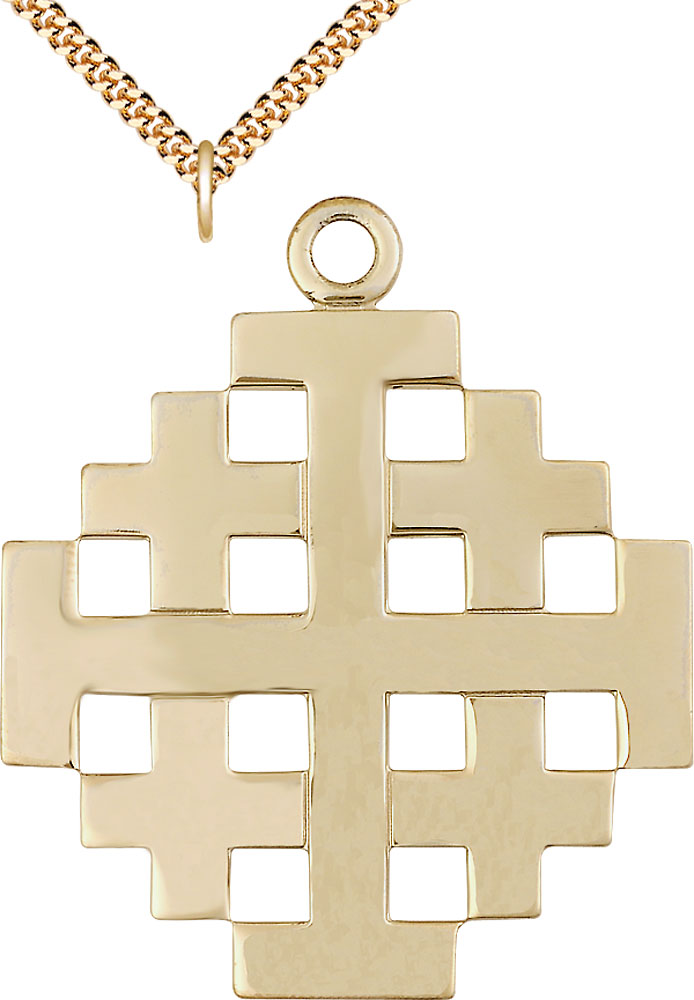 14kt Gold Filled Jerusalem Cross Pendant on a 24 inch Gold Plate Heavy Curb chain