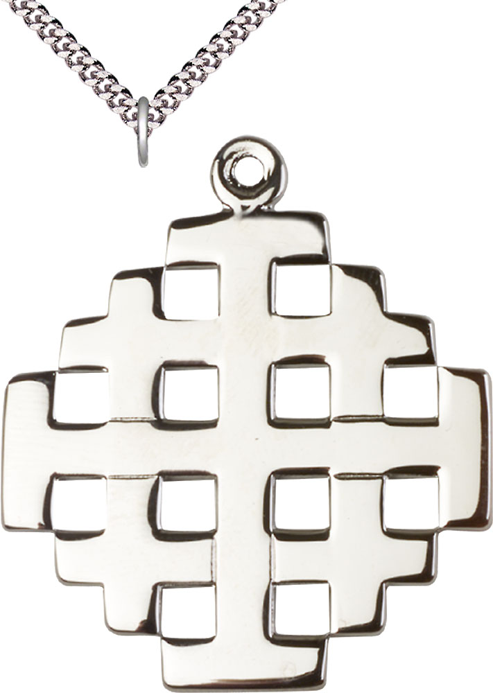 Sterling Silver Jerusalem Cross Pendant on a 24 inch Light Rhodium Heavy Curb chain