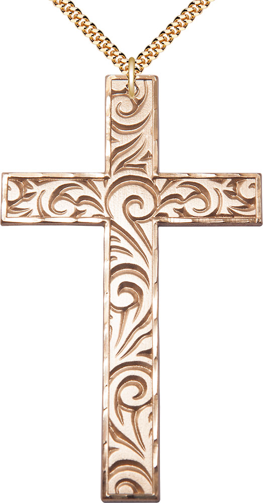 14kt Gold Filled Knurled Cross Pendant on a 24 inch Gold Plate Heavy Curb chain